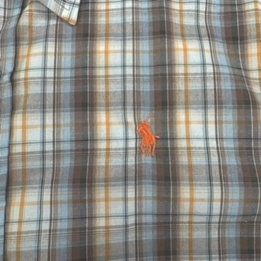 Polo Ralph Lauren Shirt Large Plaid S/S Snap Button Down Cotton Brown Blue L